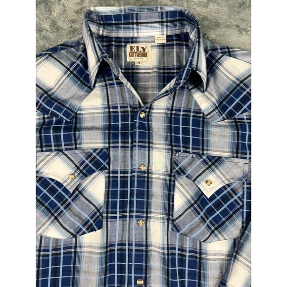 ELY CATTLEMAN WESTERN PEARL SNAP SHIRT MEDIUM BLUE PLAID LONG SLEEVE MEN'S - Picture 4 of 10